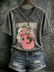 V Neck Retro Country Queen Forever Rhinestone Soul Print T-Shirt