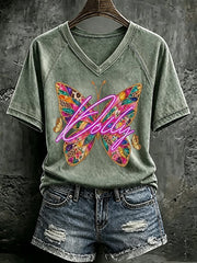 V Neck Retro Butterfly Dolly Queen Of Country Print T-Shirt