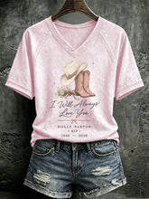V Neck Retro I Will Always Love You Western Cowgirl Pink Cowboy Boots Print T-Shirt
