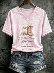 V Neck Retro I Will Always Love You Western Cowgirl Pink Cowboy Boots Print T-Shirt