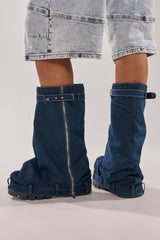 AKIRA GOLD ANGELA FOLD OVER PLATFORM BOOT IN DARK DENIM