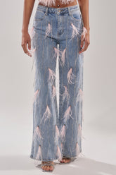 SHAKE IT FOR ME GIRL PINK FEATHER EMBELLISHED DENIM