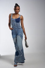 LIFE OF THE PARTY DENIM PATCHWORK JUMPSUIT
