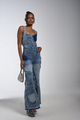 LIFE OF THE PARTY DENIM PATCHWORK JUMPSUIT