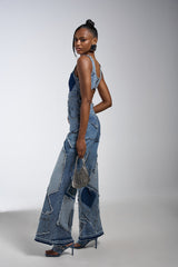 LIFE OF THE PARTY DENIM PATCHWORK JUMPSUIT