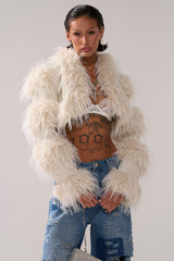LOVERGIRL ULTRA CROP FUR TRIM MOTO IN IVORY