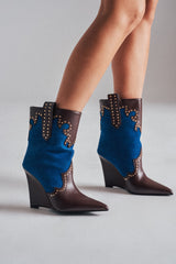 AZALEA WANG TALLULAH DENIM WEDGE WESTERN BOOTIE