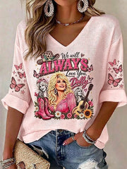 Women's Country Music Legend Tribute Print V Neck Top