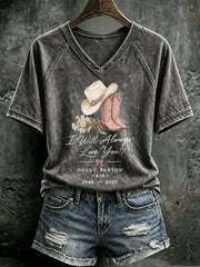 V Neck Retro I Will Always Love You Western Cowgirl Pink Cowboy Boots Print T-Shirt