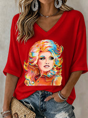 V-Neck Retro Dolly Watercolor Painting Print T-Shirt
