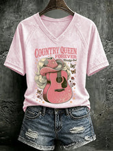 V Neck Retro Country Queen Forever Rhinestone Soul Print T-Shirt