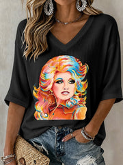 V-Neck Retro Dolly Watercolor Painting Print T-Shirt