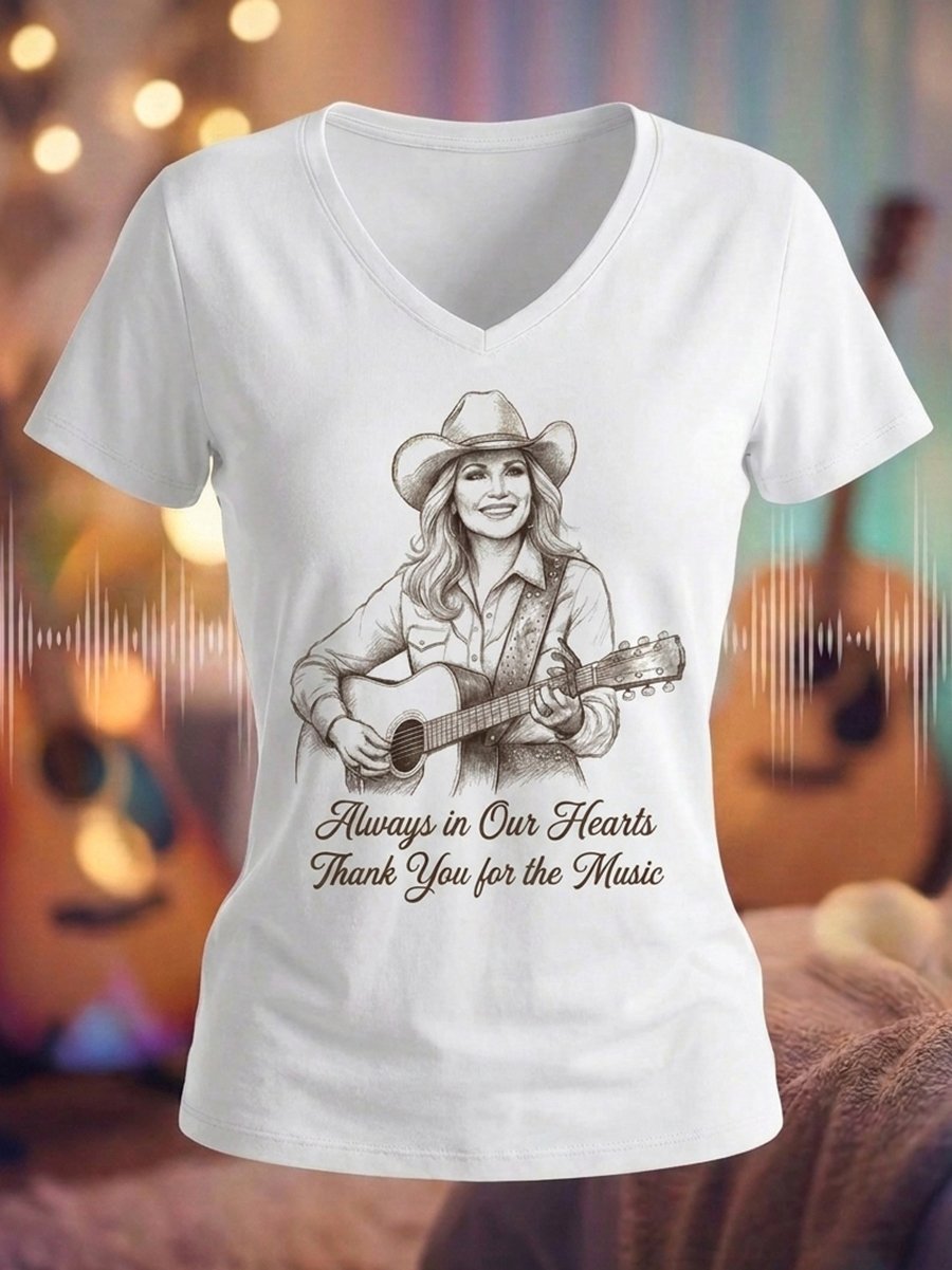Women's Dolly Parton Tribute Print  V-Neck Short-Sleeve T-Shirt
