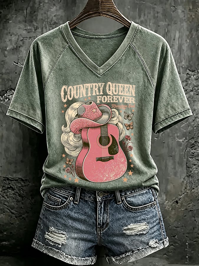V Neck Retro Country Queen Forever Rhinestone Soul Print T-Shirt
