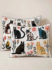 Colorful Cat Floral Patchwork Quilted 3‐Piece Bedding Set