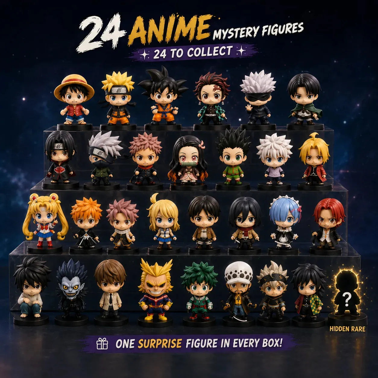 24 Anime Mystery Figures Blind Box Advent Calendar – Collectible Mini Rubber Figures (3–5cm) with Hidden Rare