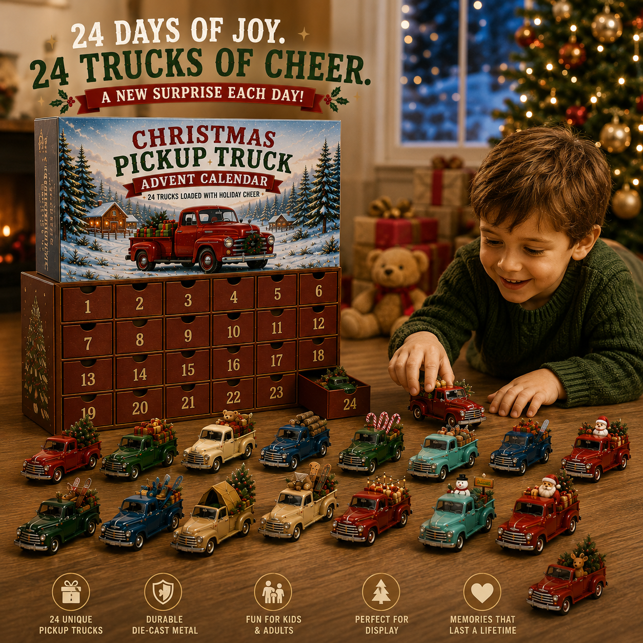 🎄 🛻Christmas Pickup Truck Advent Calendar – 24 Unique Holiday Trucks with Festive Surprises