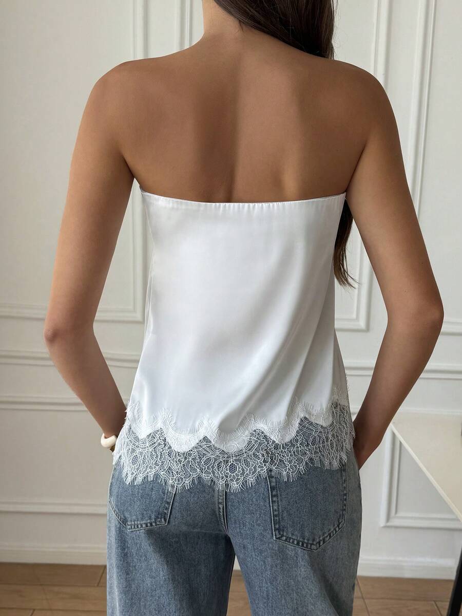 French Satin Lace Patchwork Hem Elegant Sexy Bandeau Top, Beach Vacation, Travel Outfit Summer