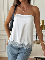French Satin Lace Patchwork Hem Elegant Sexy Bandeau Top, Beach Vacation, Travel Outfit Summer - Coffee Brown