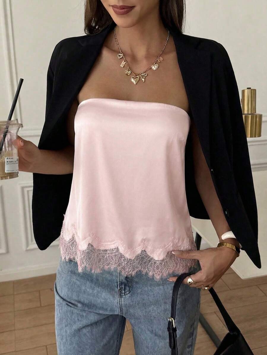 French Satin Lace Patchwork Hem Elegant Sexy Bandeau Top, Beach Vacation, Travel Outfit Summer