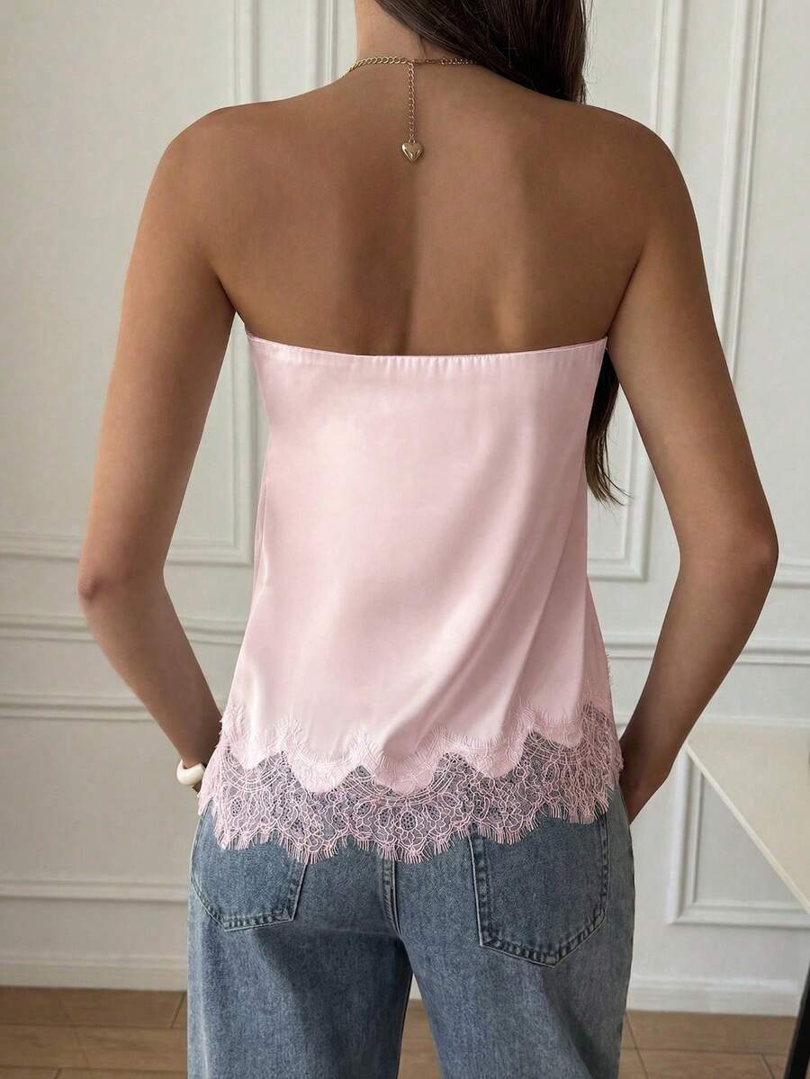French Satin Lace Patchwork Hem Elegant Sexy Bandeau Top, Beach Vacation, Travel Outfit Summer