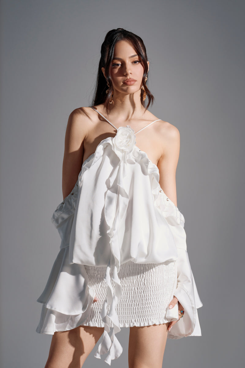 CHIC AF RUFFLE MINI DRESS IN WHITE