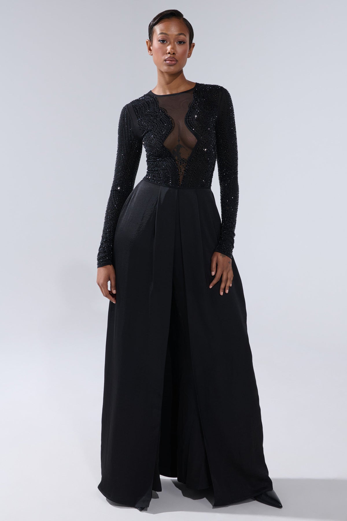 MONACO SATIN MESH JUMPSUIT WITH RHINESTONES