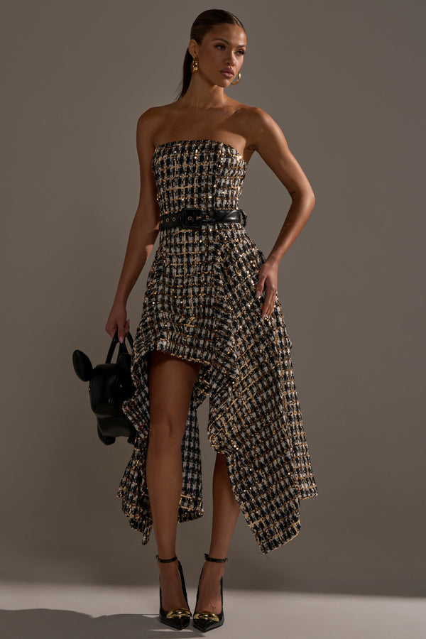 PURE ROYALTY BROCADE HIGH LOW TWEED DRESS WITH SEQUINS