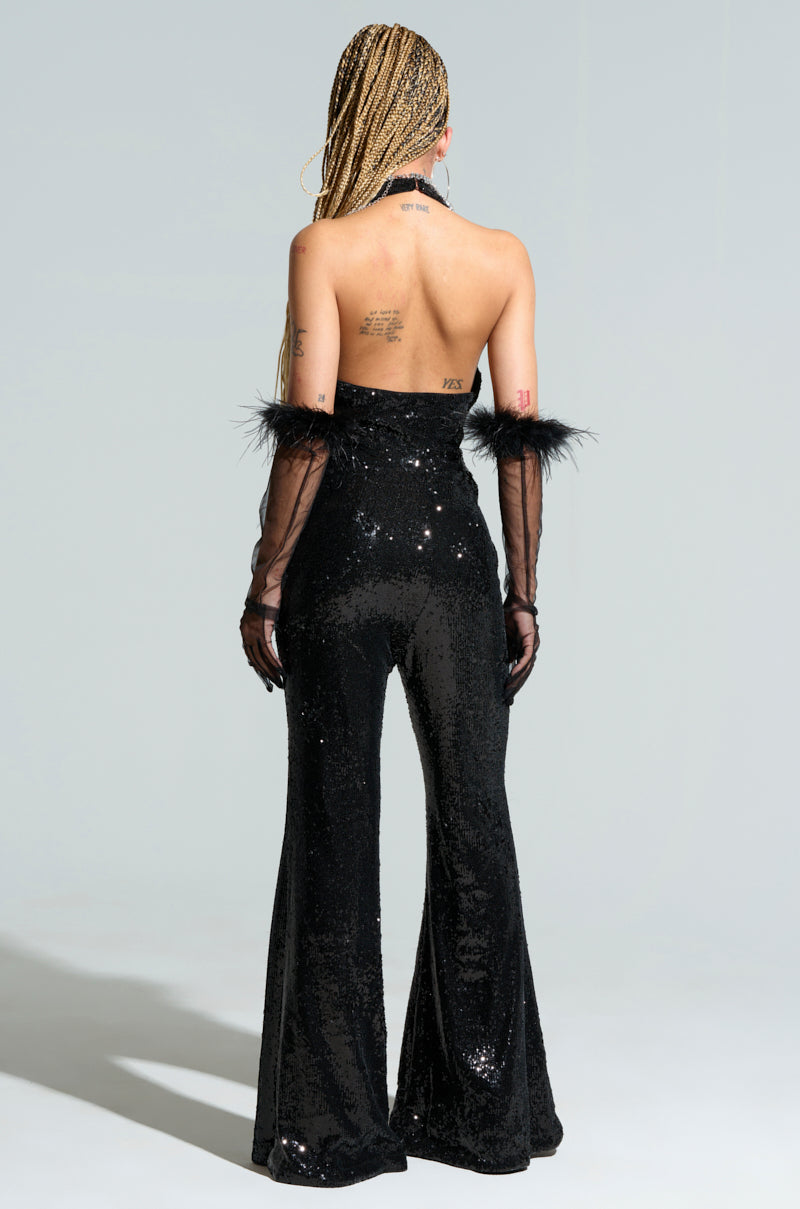 WE WILL ROCK YOU SEQUIN MESH JUMPSUIT