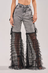 TICKED AND TIED LACE DETAIL FLARE DENIM