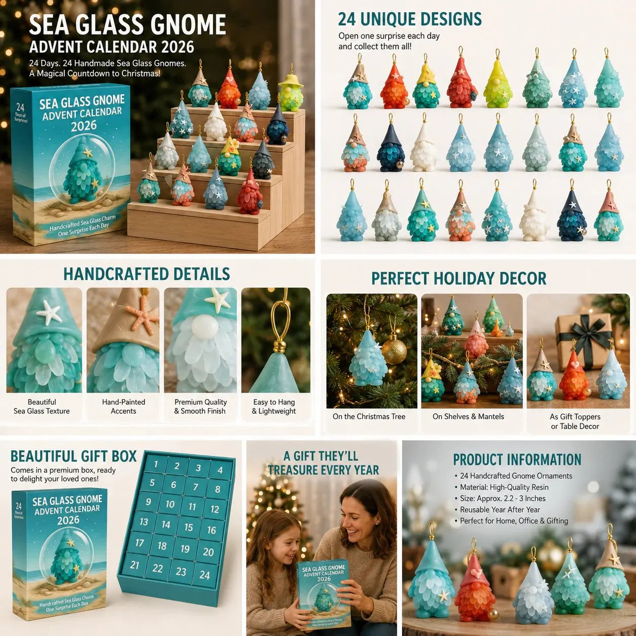 🌊🧝‍♂️ Sea Glass Gnome Advent Calendar 2026 | 24 Coastal Gnome Charms for Christmas Countdown, Tree Decor & Holiday Gifts