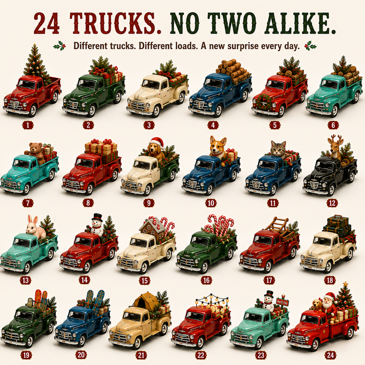 🎄 🛻Christmas Pickup Truck Advent Calendar – 24 Unique Holiday Trucks with Festive Surprises