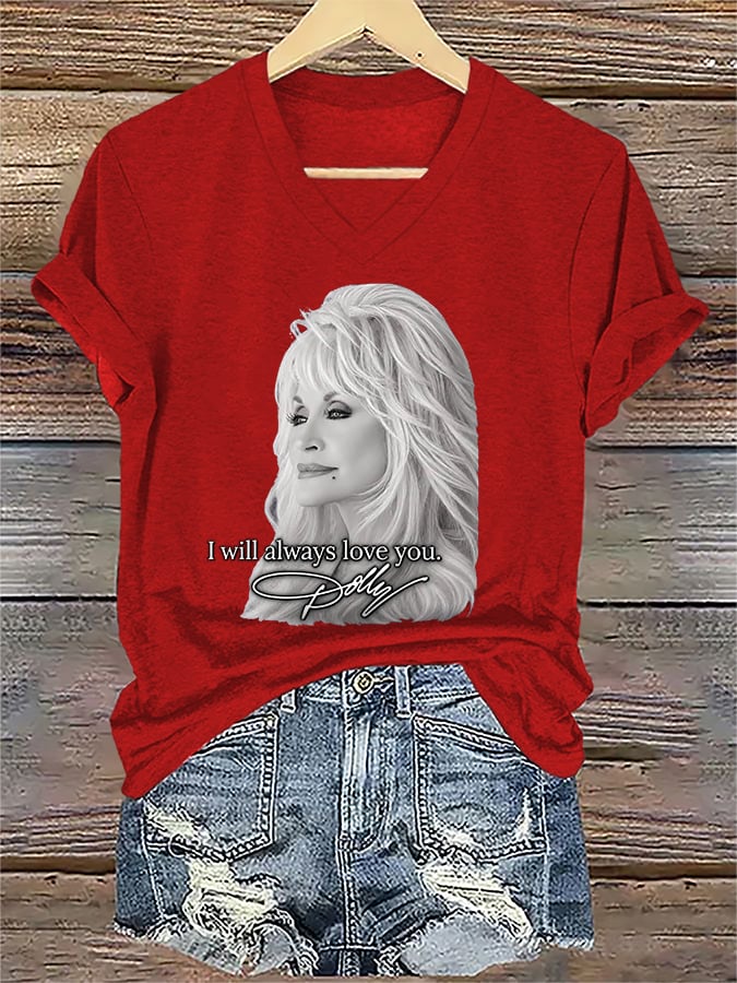 V-Neck Retro I Will Always Love You Print T-Shirt