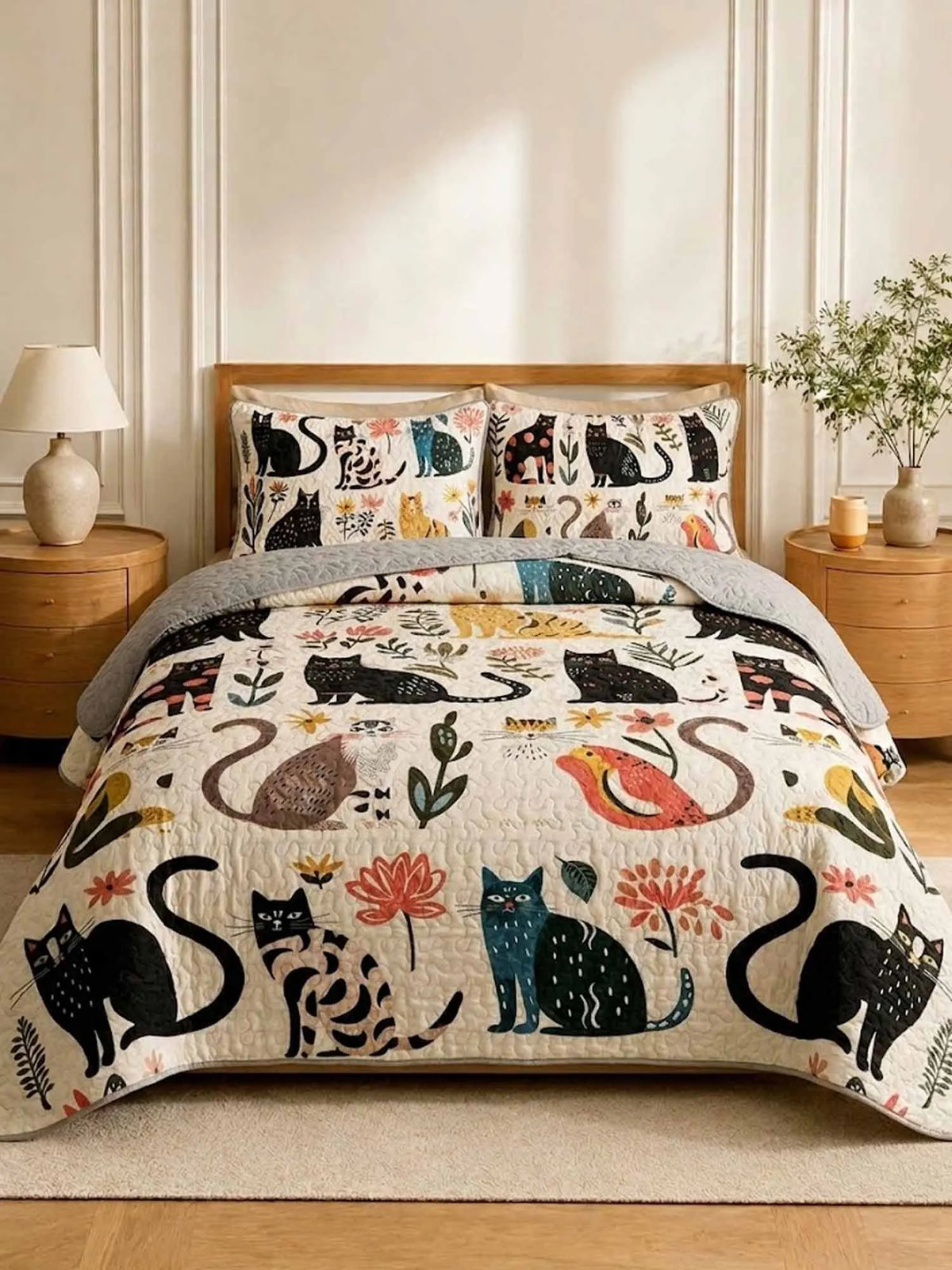 Colorful Cat Floral Patchwork Quilted 3‐Piece Bedding Set