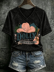 V Neck Retro Dolly Forever And Always Country Music Print T-Shirt