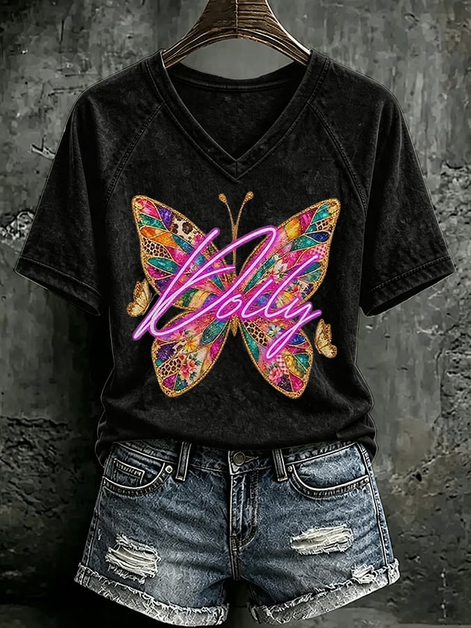 V Neck Retro Butterfly Dolly Queen Of Country Print T-Shirt