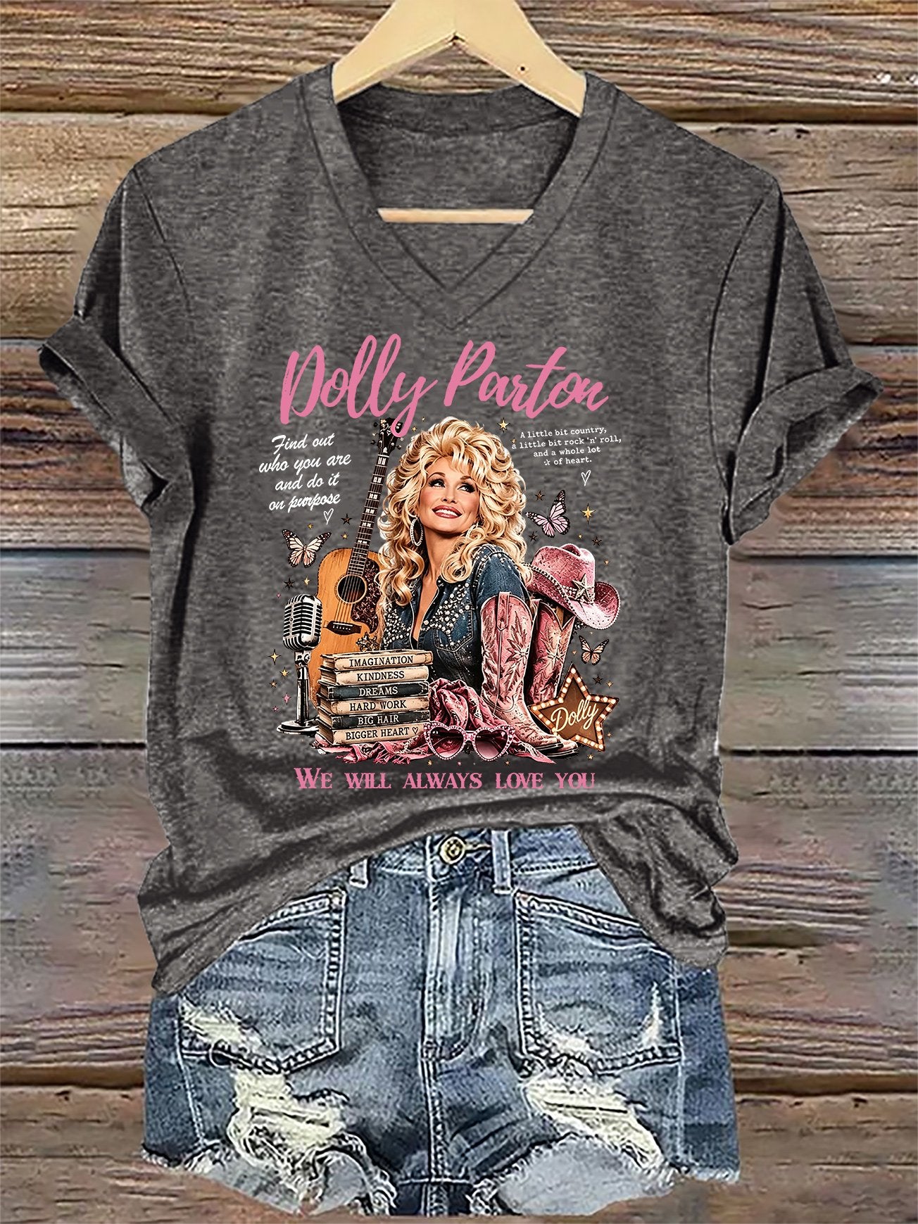 V-Neck Retro Find Out Who You Are And Do It On Purpose A Little Bit Country, A Little Bit Rock 'N' Roll, And A Whole Lot Of Heart. We Will Always Love You Print T-Shirt