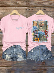 V-Neck Retro Dolly Queen Of Country Print T-Shirt
