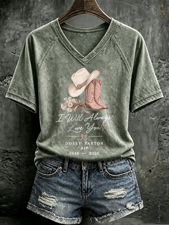 V Neck Retro I Will Always Love You Western Cowgirl Pink Cowboy Boots Print T-Shirt