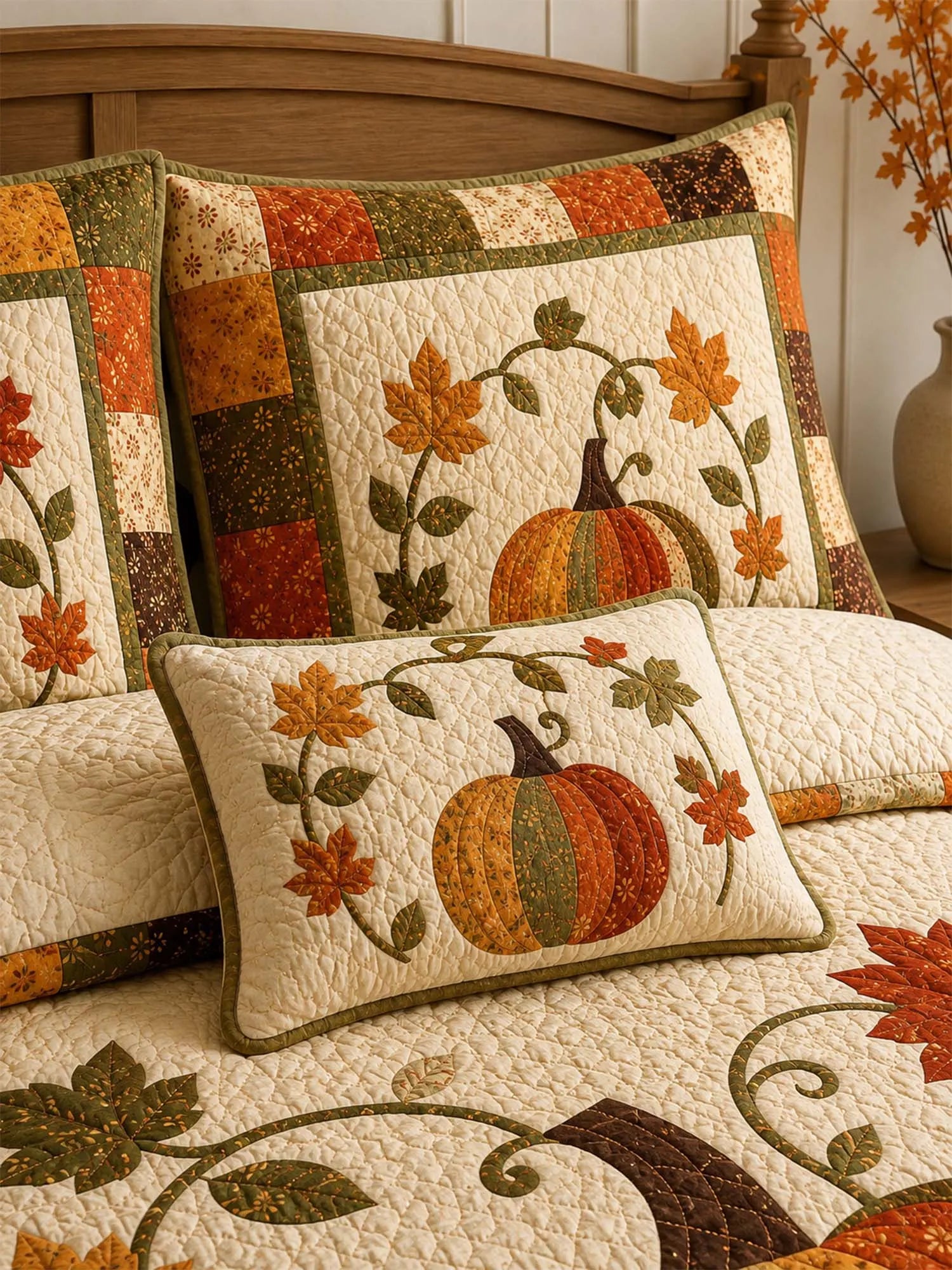 Patchwork Pumpkin Autumn Harvest Quilted 3-Piece Bedding Set