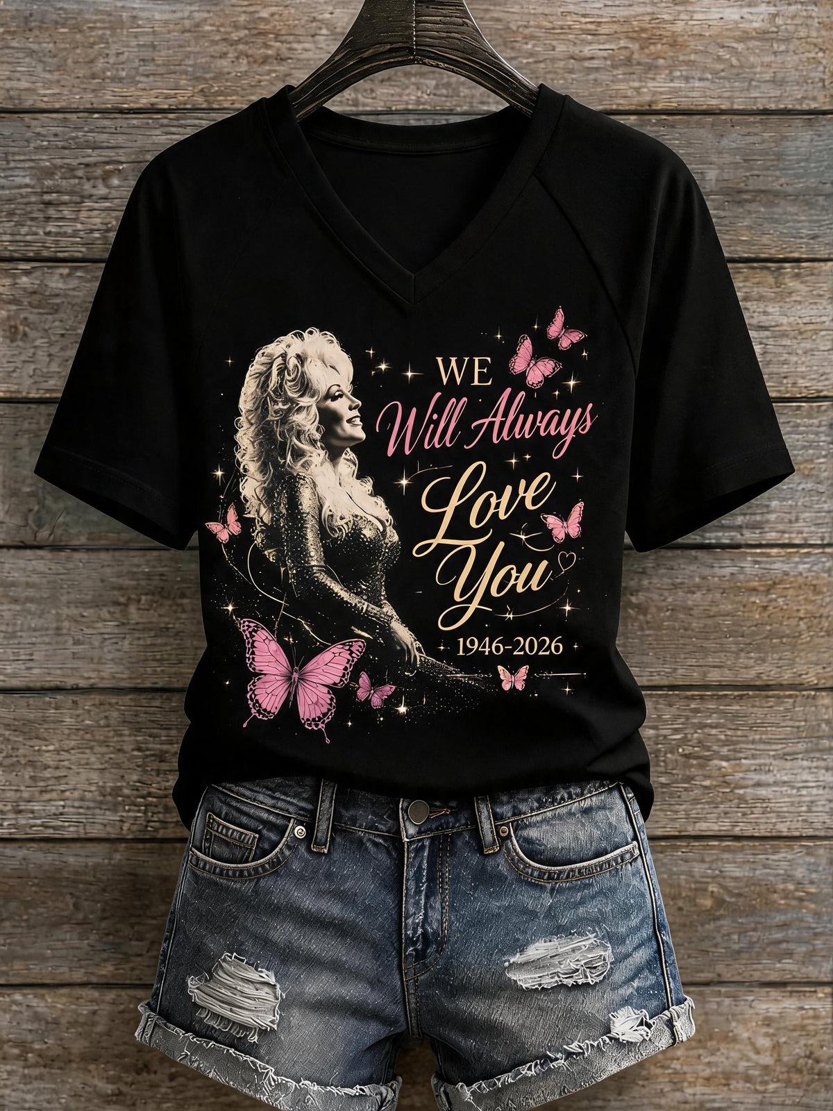 Women's "We Will Always Love You" Print V-Neck T-Shirt