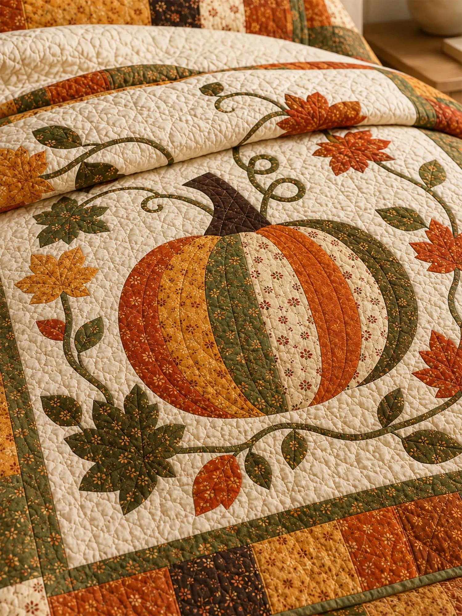 Patchwork Pumpkin Autumn Harvest Quilted 3-Piece Bedding Set