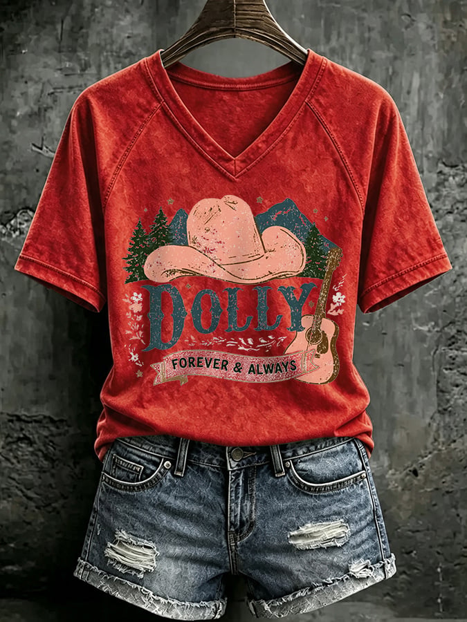 V Neck Retro Dolly Forever And Always Country Music Print T-Shirt
