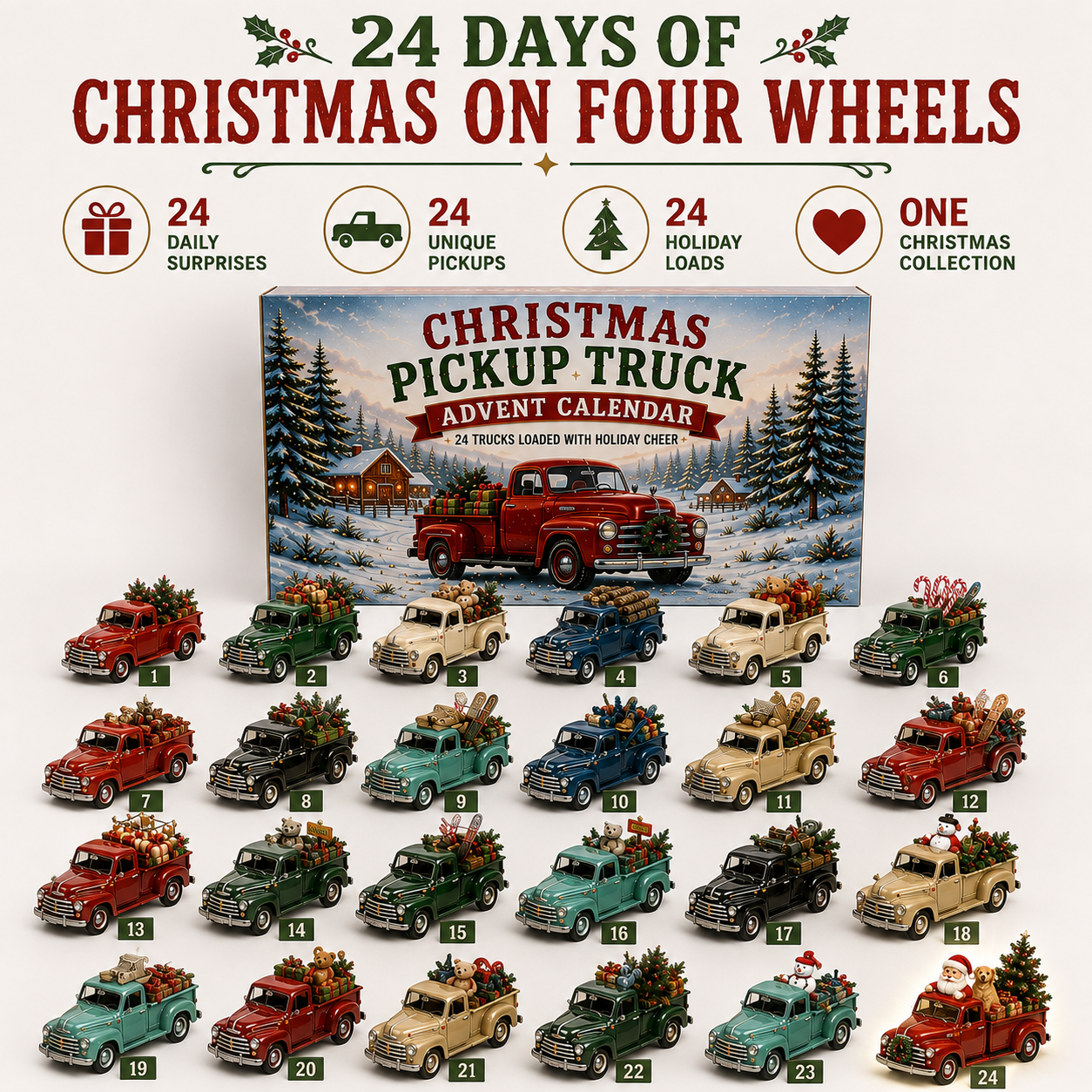 🎄 🛻Christmas Pickup Truck Advent Calendar – 24 Unique Holiday Trucks with Festive Surprises