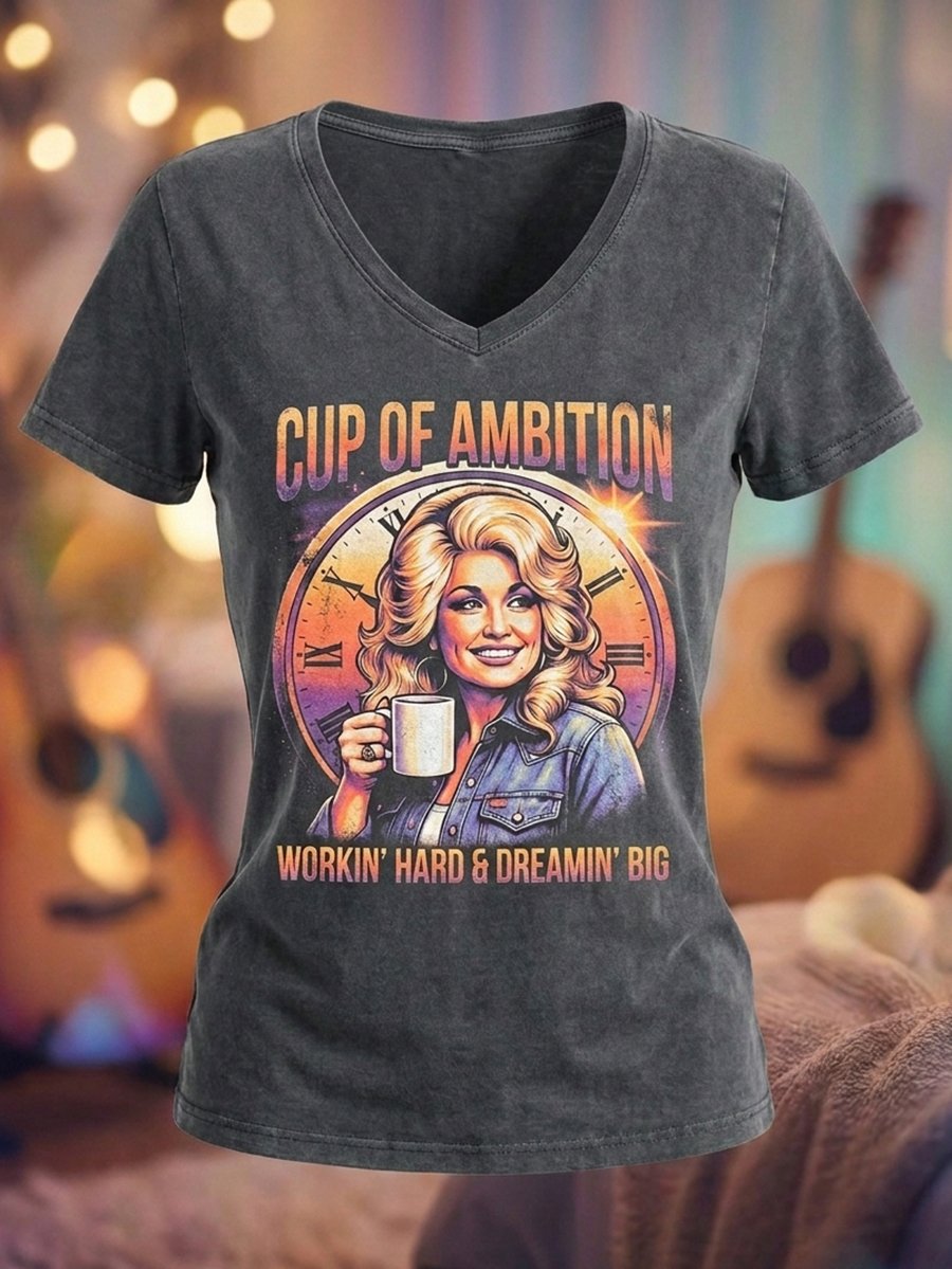 Women's Dolly Parton Tribute Print  V-Neck Short-Sleeve T-Shirt