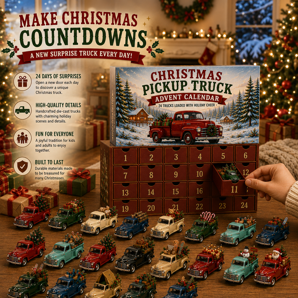 🎄 🛻Christmas Pickup Truck Advent Calendar – 24 Unique Holiday Trucks with Festive Surprises