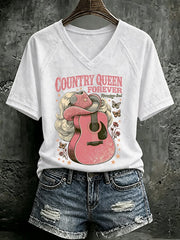 V Neck Retro Country Queen Forever Rhinestone Soul Print T-Shirt