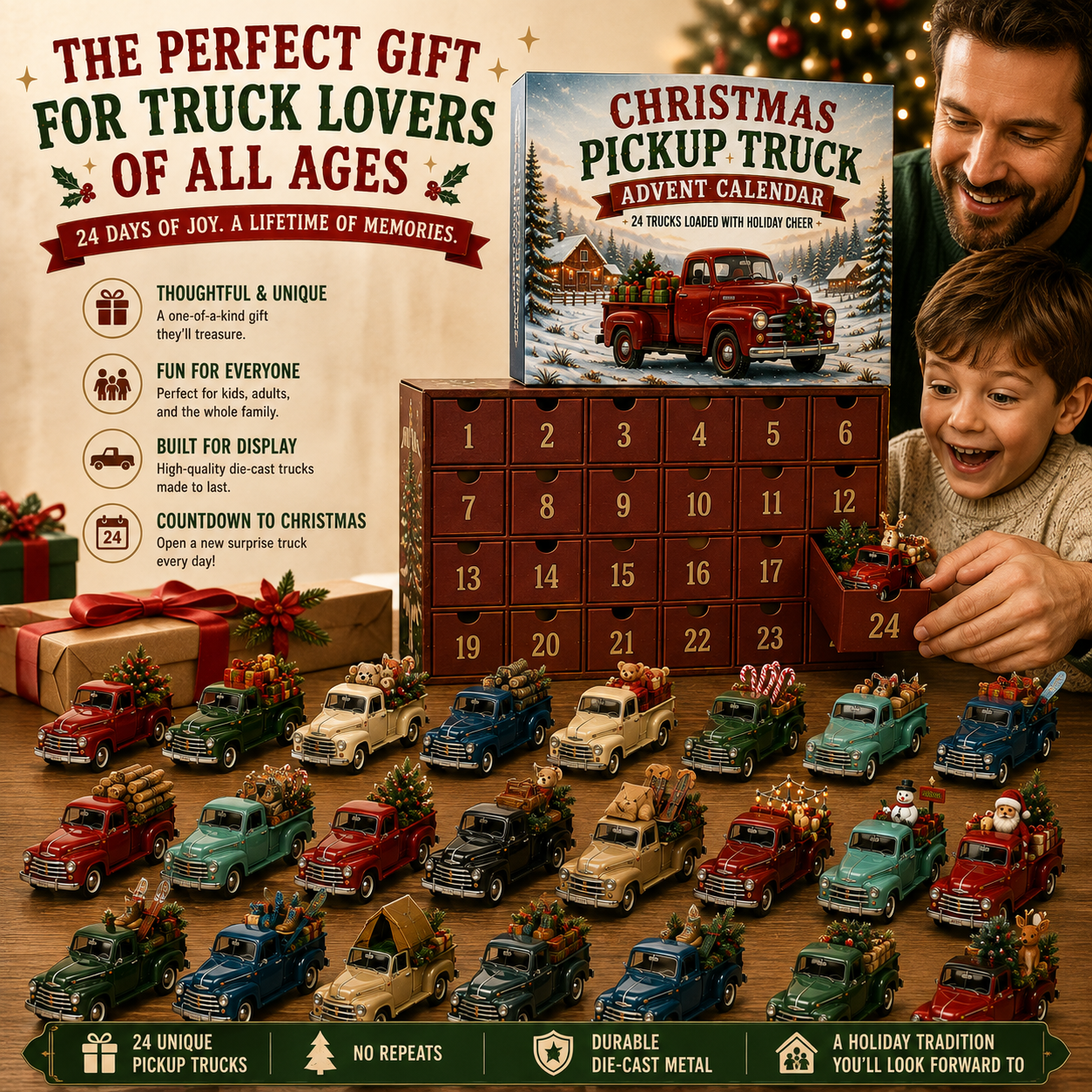 🎄 🛻Christmas Pickup Truck Advent Calendar – 24 Unique Holiday Trucks with Festive Surprises