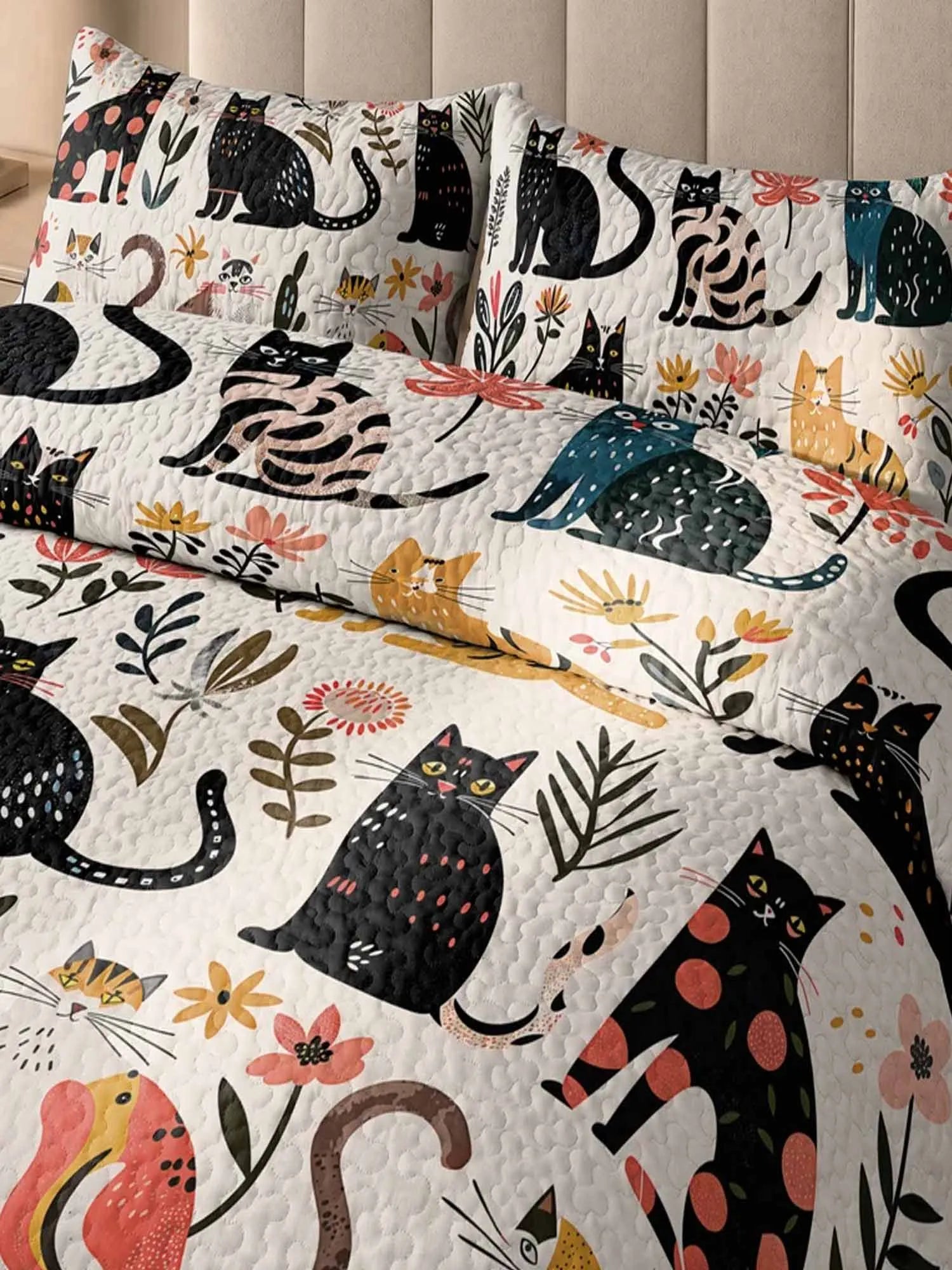 Colorful Cat Floral Patchwork Quilted 3‐Piece Bedding Set