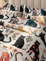 Colorful Cat Floral Patchwork Quilted 3‐Piece Bedding Set